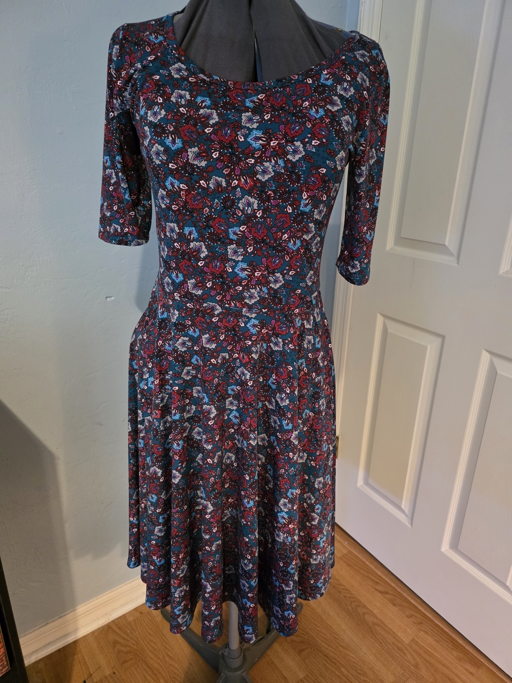 LuLaRoe Nicole Teal and Burgundy Floral Scoop-Neck Dress